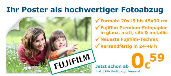 Ihr schönstes Foto als Poster in XXL. Formate bis 150 x 100 cm - Premiumpapier von Fujifilm - Oberfläche in glanz & matt - Versandfertig in 24 - 48 h - Schon ab 2,95 €!